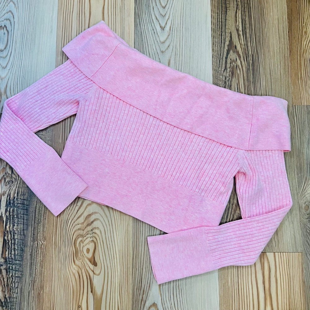 Feminine Fairy Pink Off The Shoulder Ribbed Girlhood Crop Sweater Womens Large